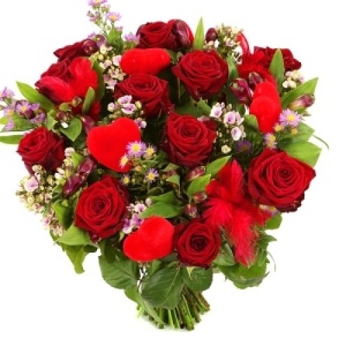 Red Mother's Day roses with hearts (Bouquet of Red roses with something pink + hearts and feathers)